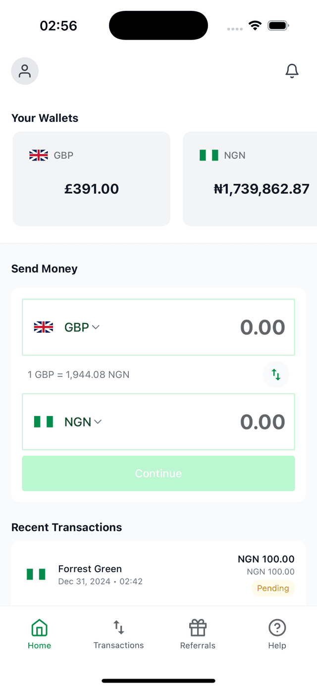Zephfi Pay app screenshot showing GBP and NGN wallets